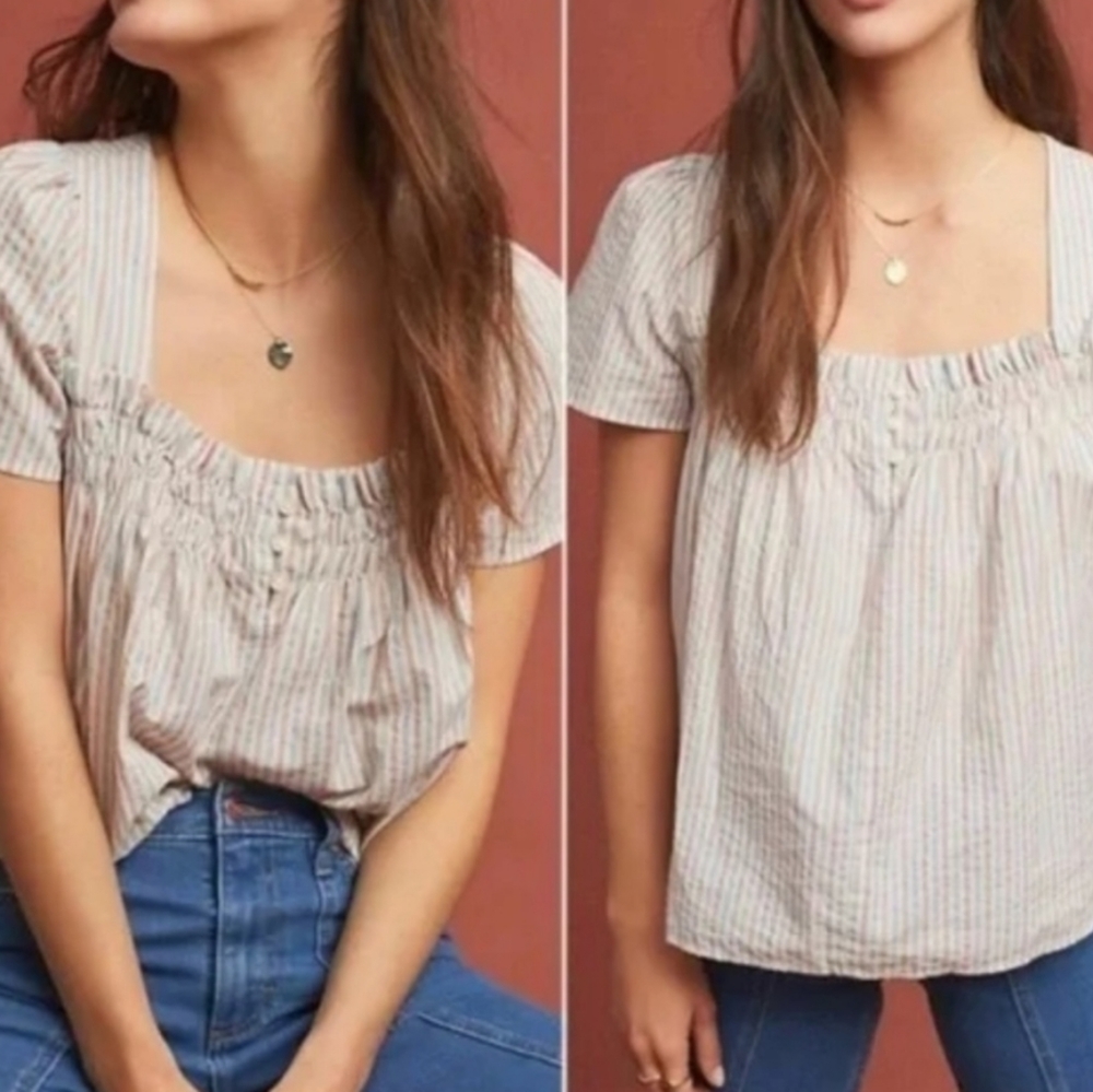 Anthropologie Top Isabella Sinclair Smocked Red White Blue  Short Sleeve XL